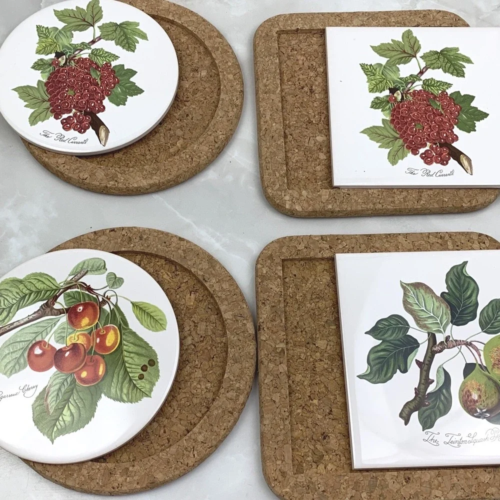 Vintage Botanical Ceramic Tile and Cork Coaster Set Fruit Illustrations 4pc